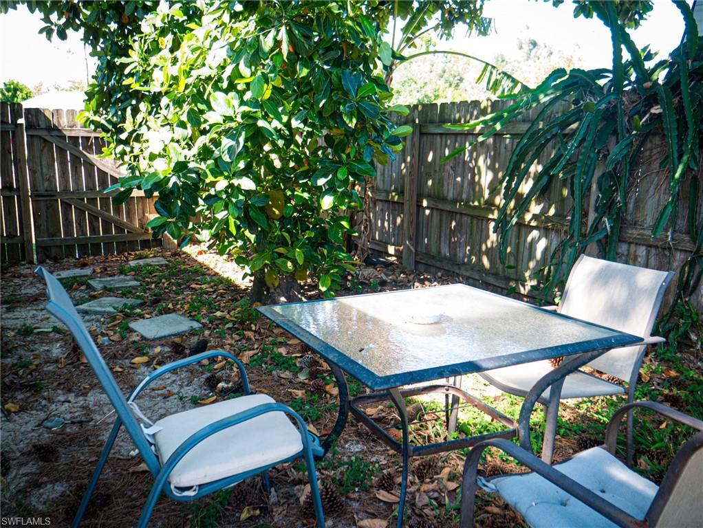 Fenced backyard featuring a patio area and outdoor dining space