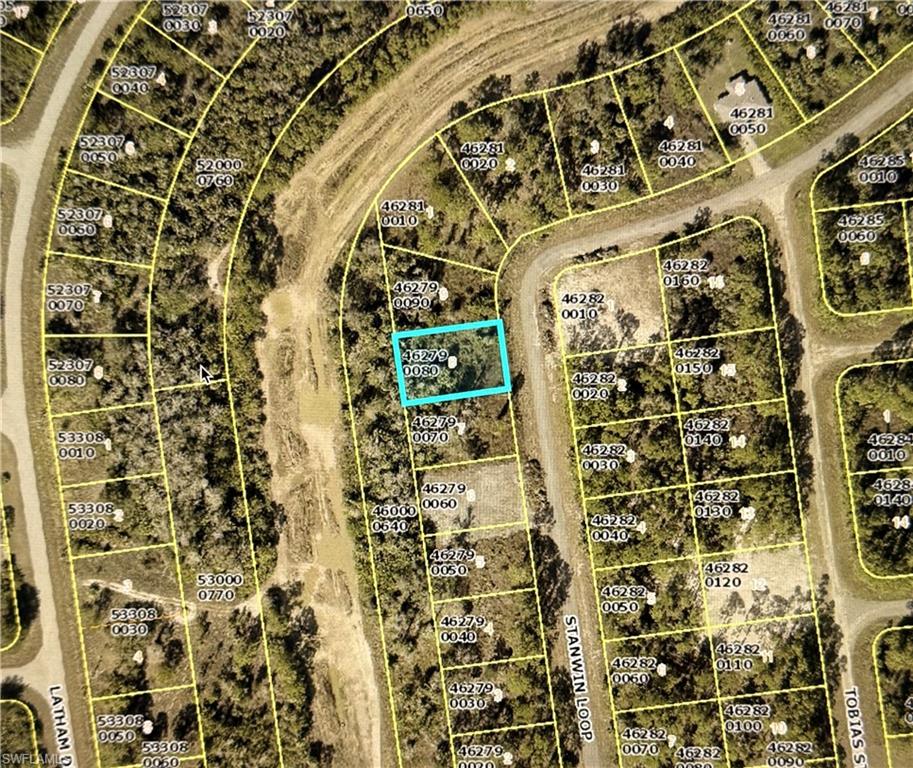 Aerial map of property and surrounding area with property parcel outlined