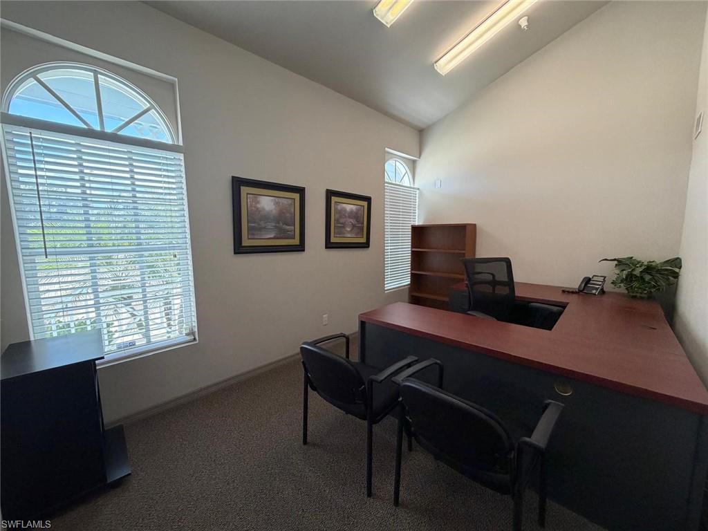 Office space featuring vaulted ceiling