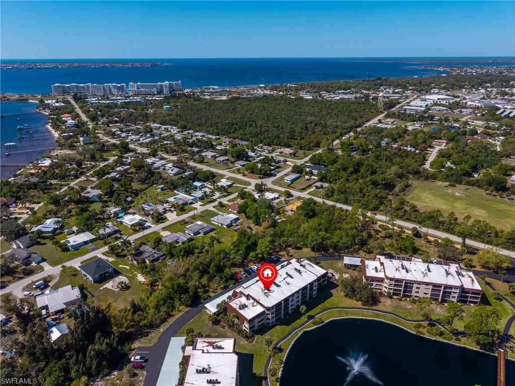 Aerial view of a nearby body of water