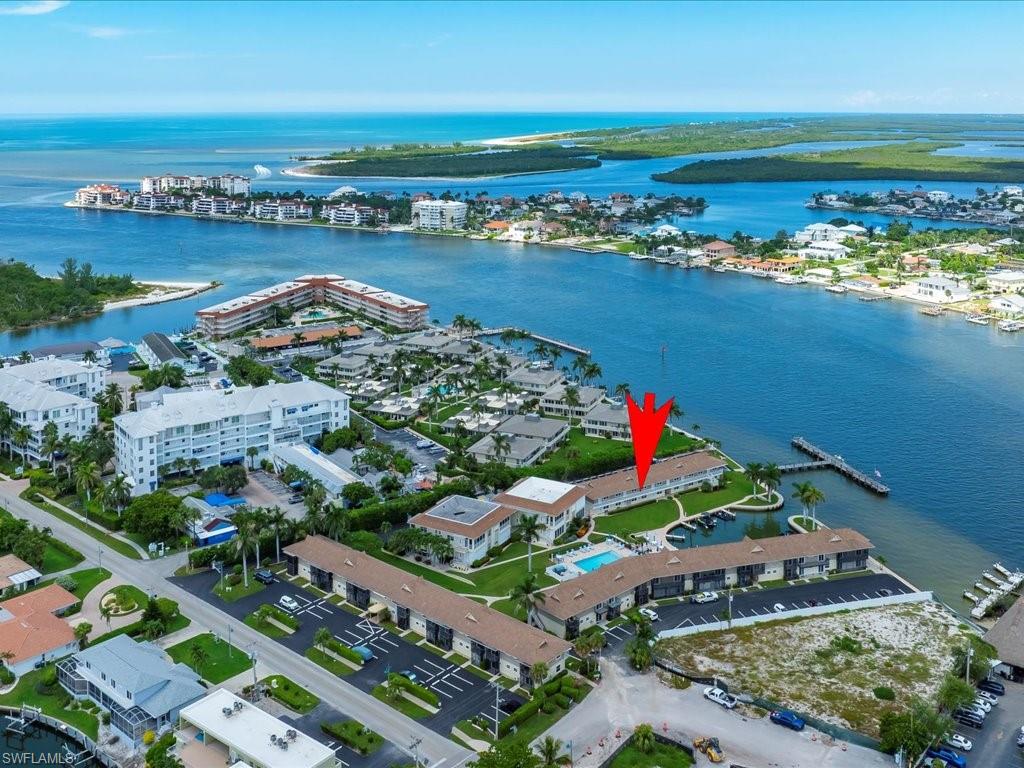 Aerial view of a nearby body of water
