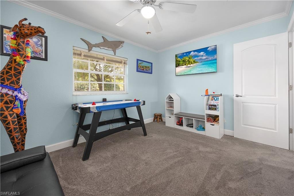 Playroom with carpet, crown molding, and a ceiling fan