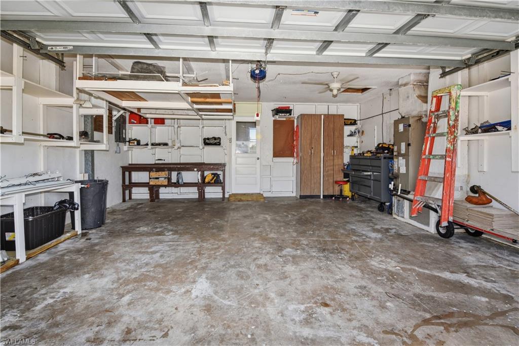 Garage with a ceiling fan
