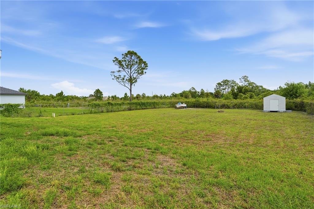 View of grassy yard with a storage shed