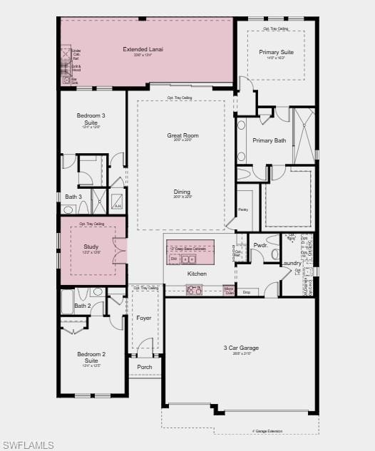 Floor Plan - Additional Highlights Include: Gourmet kitchen, study in place of flex, extended lanai, outdoor kitchen, tray ceiling package, 4' garage extension, 8' interior doors, 80 AMP pool and spa prewire, GE cafe appliance package, GE cafe French door refrigerator, under counter beverage fridge, and front load washer and dryer.
