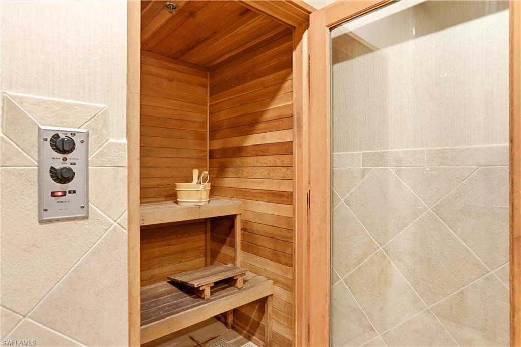 Sauna with wooden walls and wooden ceiling