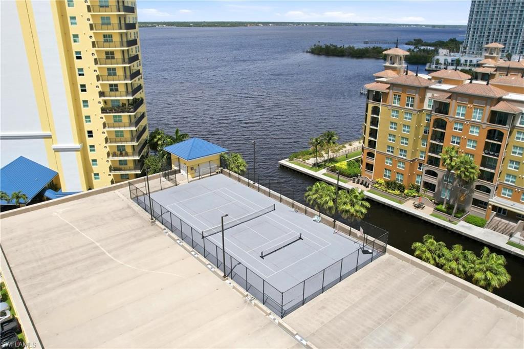 Drone / aerial view of Pickleball Court and a nearby body of water