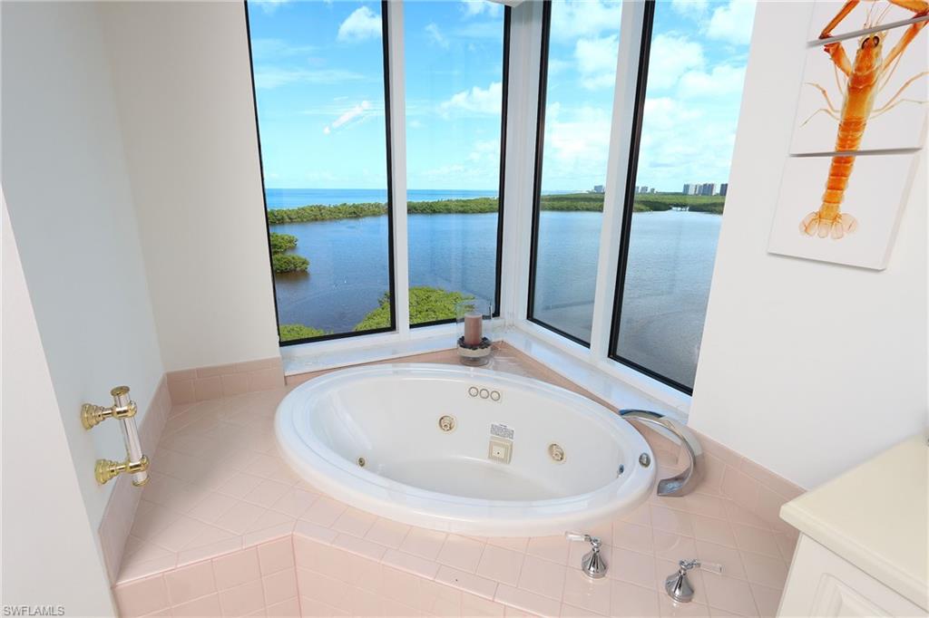 Full bath with a tub with jets and a water view