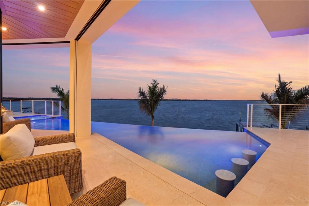 Pool at dusk featuring an outdoor pool and a water view - Virtually Edited Image