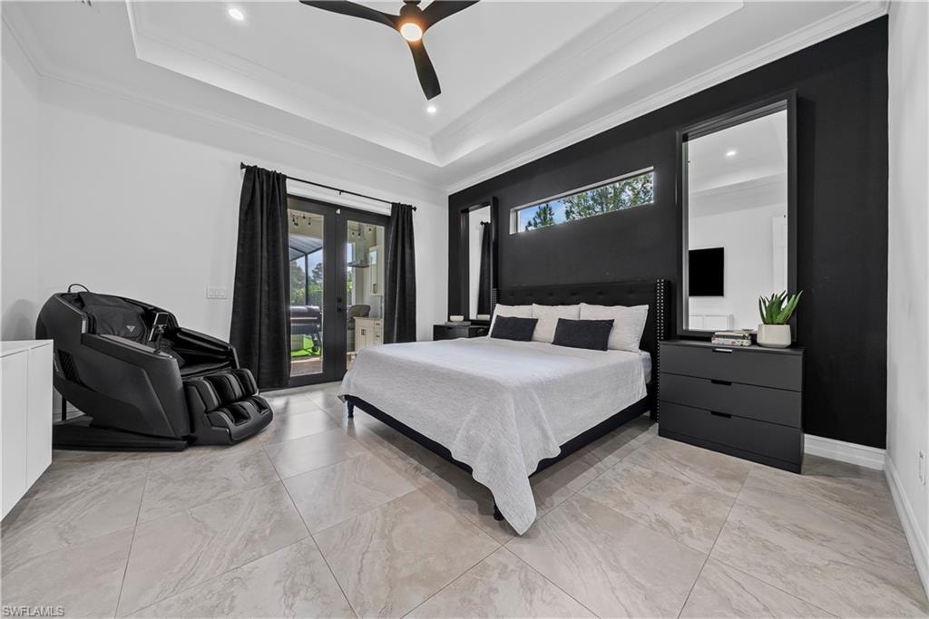 Bedroom with ceiling fan, french doors, access to exterior, recessed lighting, and crown molding