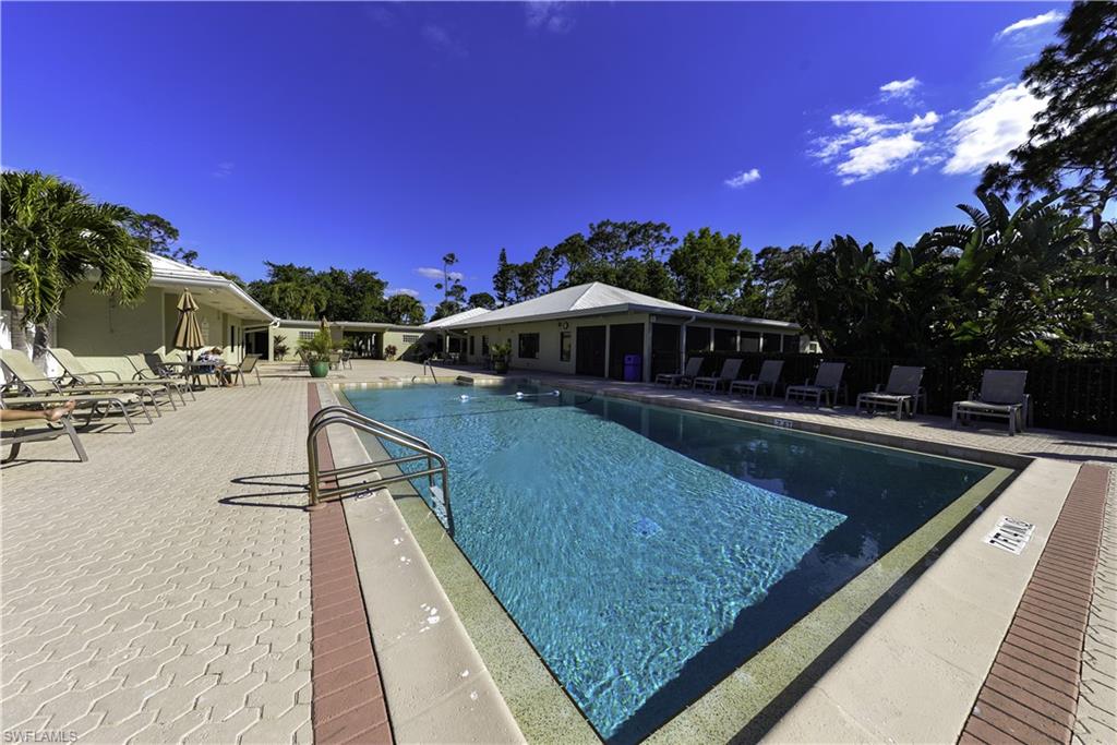 Outdoor swimming pool featuring a ladder entry, paver decking, and surrounding tropical foliage