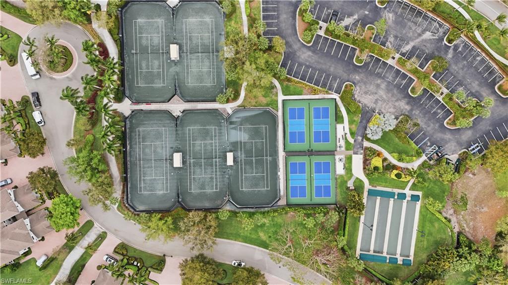 Aerial view of tennis, bocce, and pickleball courts.