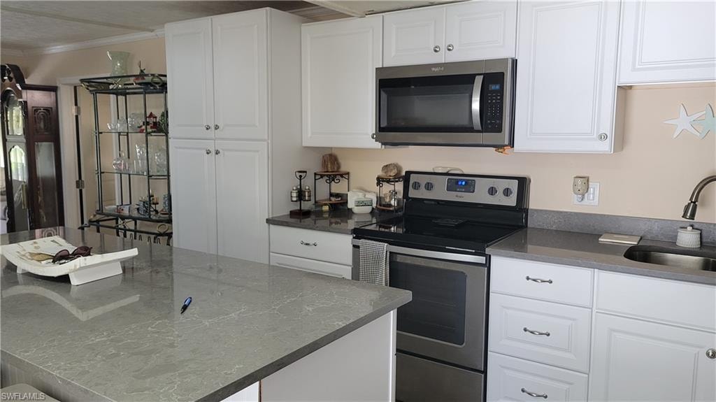 Kitchen with electric range and microwave.  Large pantry to the left of range.