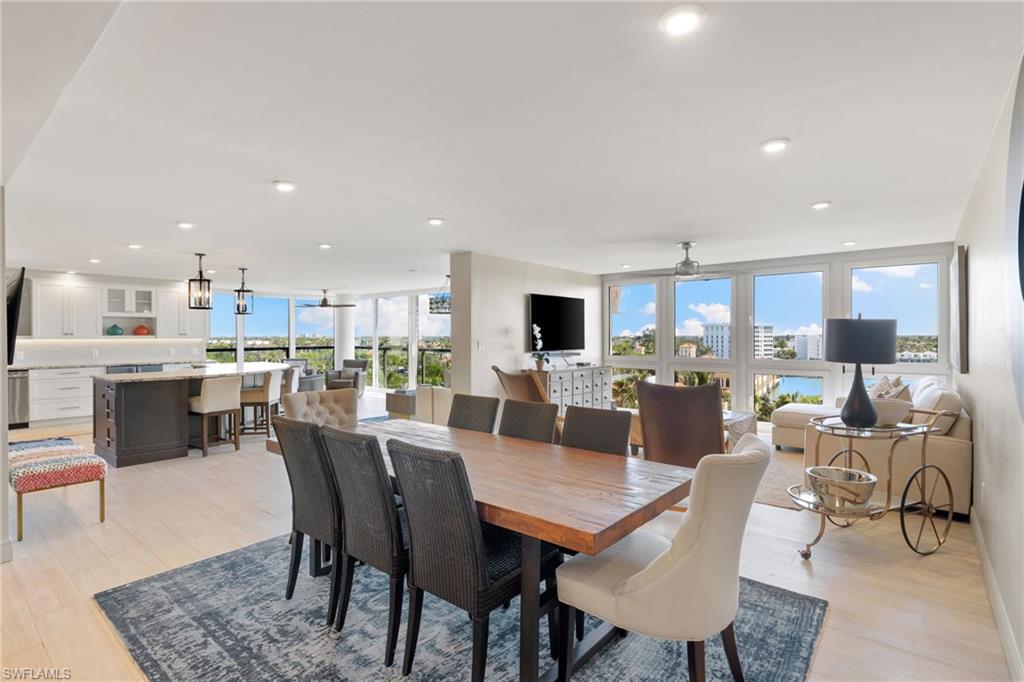 Dining space featuring recessed lighting, light wood-type flooring, and ceiling fan