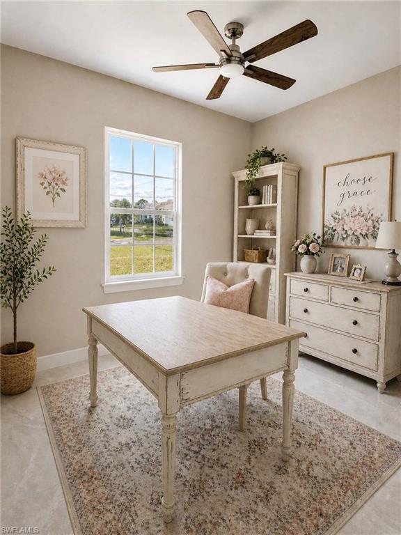 Room featuring a large window, a ceiling fan with integrated lighting, light-toned walls, and hard-surface flooring