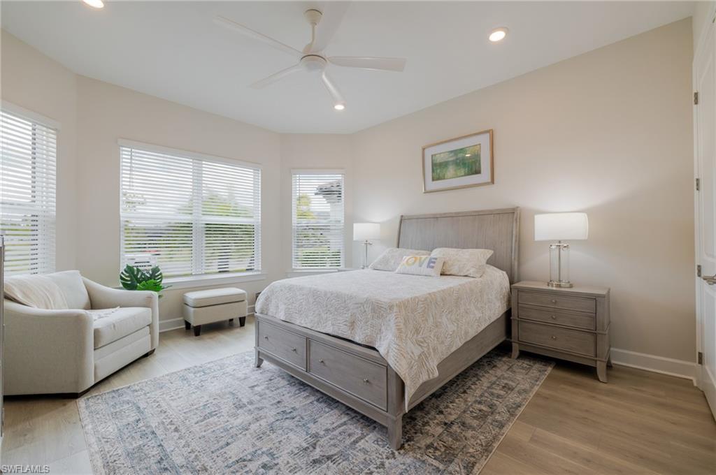 Bedroom with recessed lighting, light wood finished floors, and ceiling fan