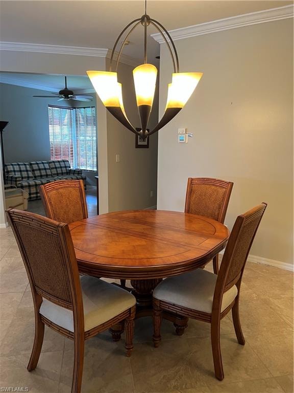 Recessed archway, crown molding, tile flooring, and a ceiling fan