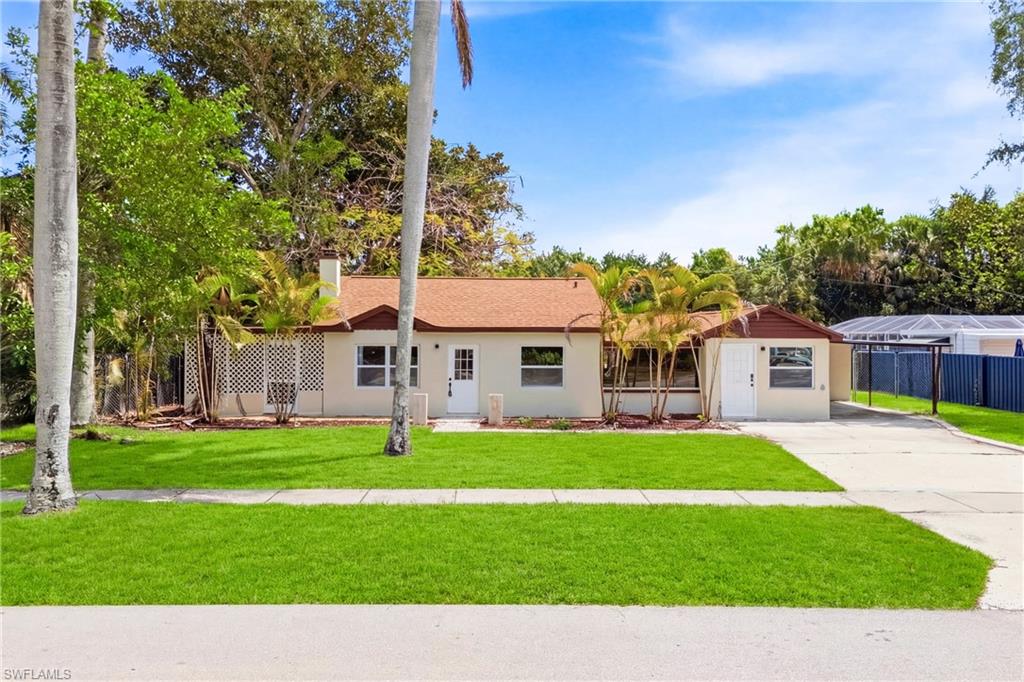 Welcoming front exterior with mature palm trees and lush landscaping.