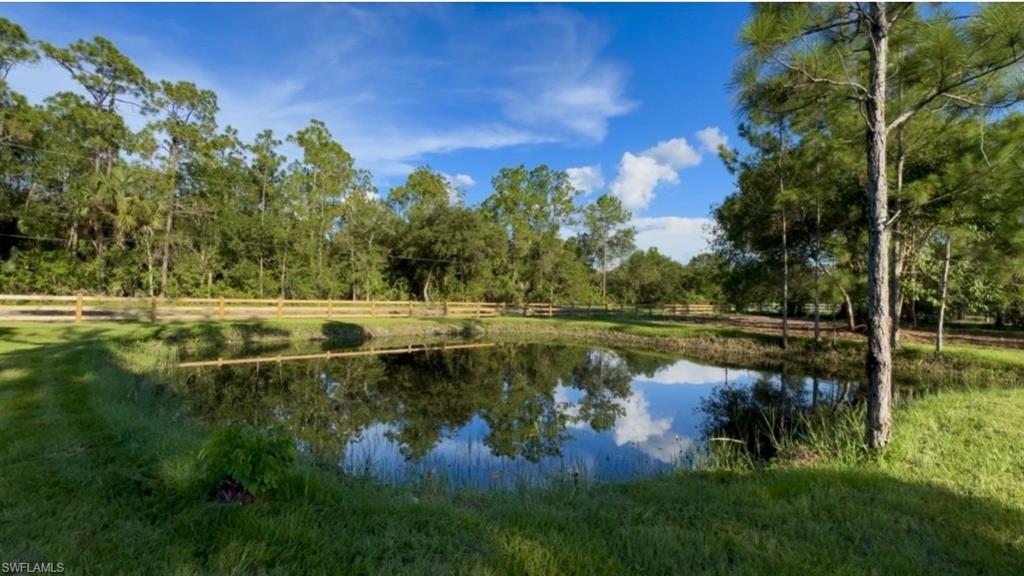Pond with reflective surface, surrounded by grassy areas and mature trees