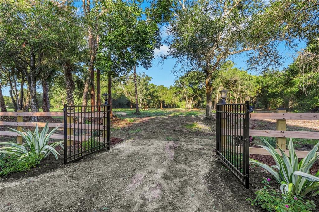 Gated entry with black metal fencing, a wood rail fence, and mature trees