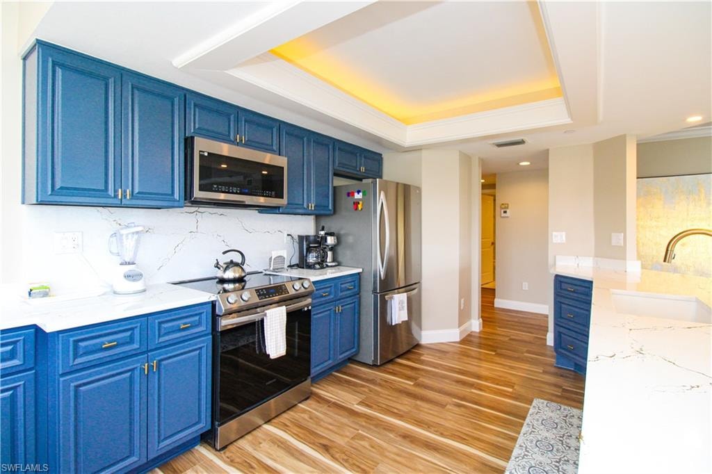 Kitchen with blue cabinetry, sink, stainless steel appliances, and a raised ceiling
