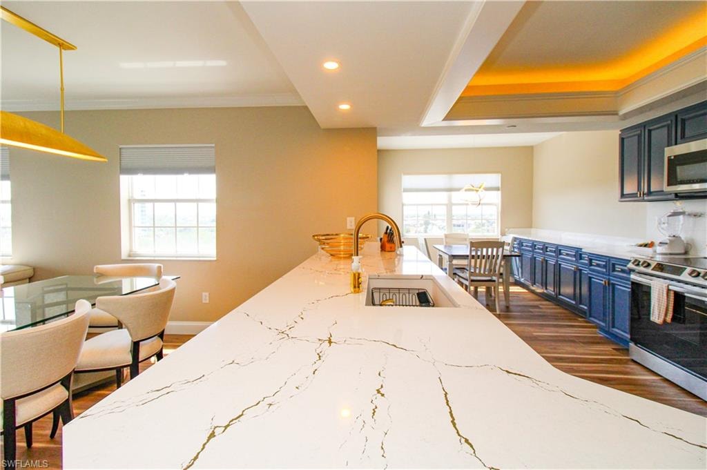 Kitchen with sink, appliances with stainless steel finishes, dark hardwood / wood-style floors, and plenty of natural light