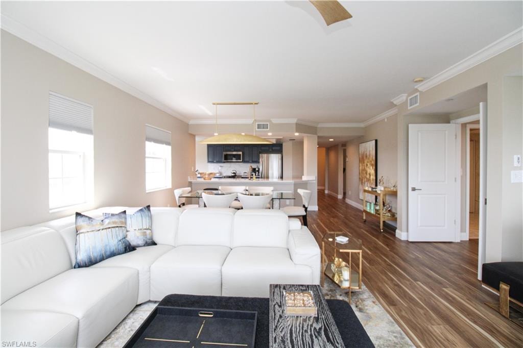 Living room featuring dark wood-type flooring and crown molding