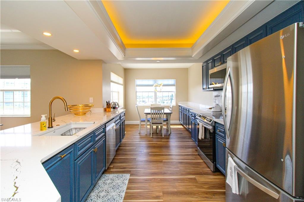 Kitchen with blue cabinetry, dark wood-type flooring, and stainless steel appliances