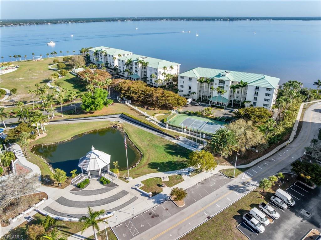 Aerial view of three Harbor Walk condo buildings