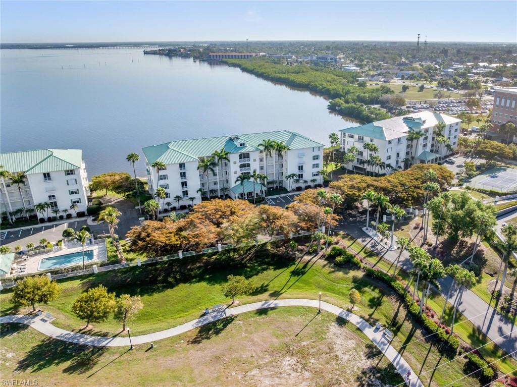 Aerial view of three Harbor Walk condo buildings