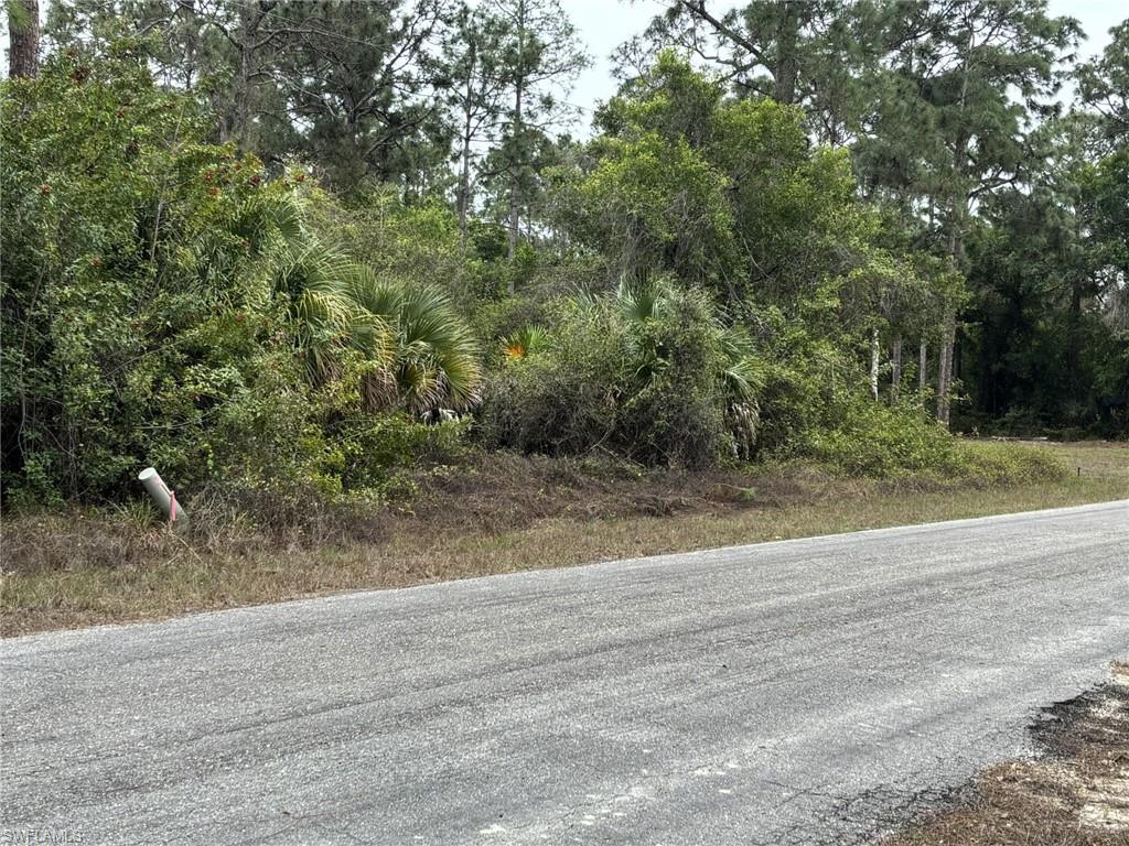 The property features a natural landscape with extensive vegetation and mature trees, bordering a paved road