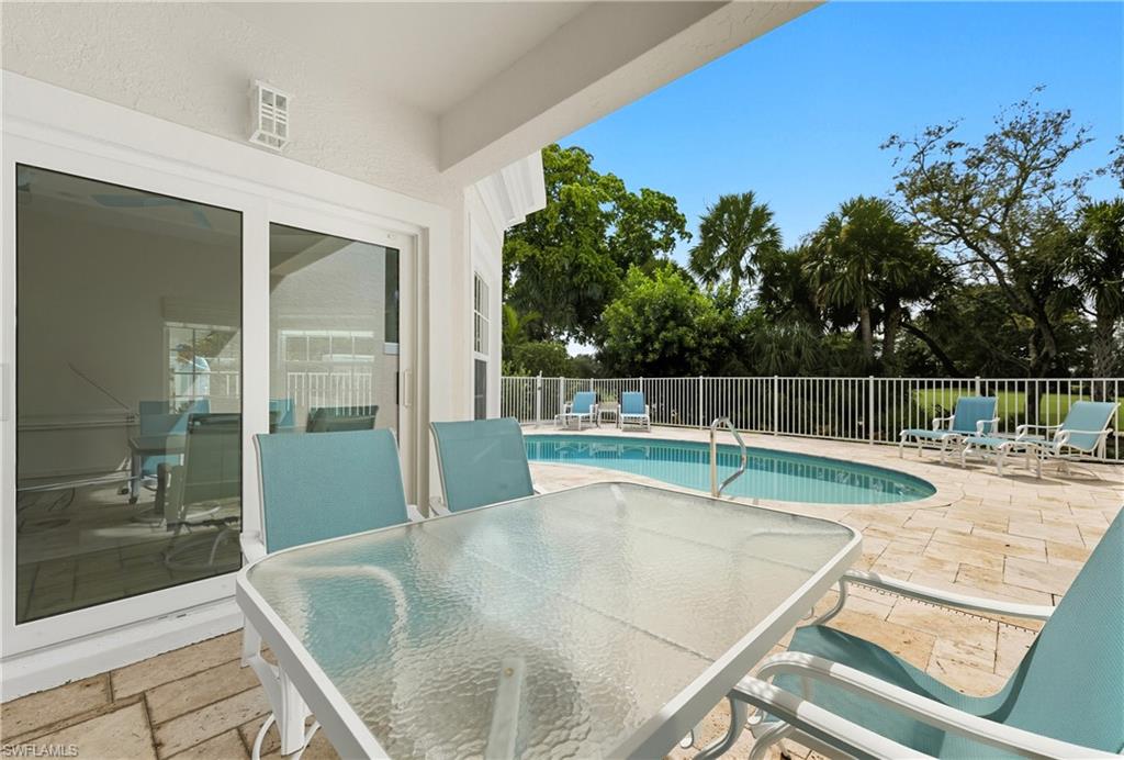 View of swimming pool featuring a patio and outdoor dining area
