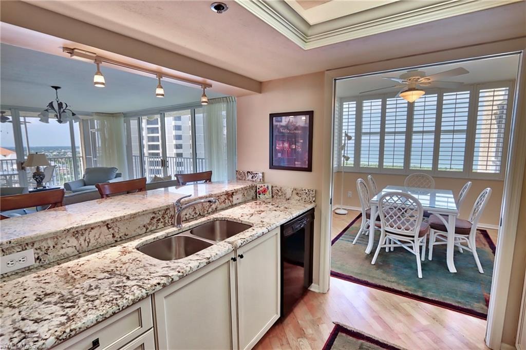 Kitchen with light hardwood / wood-style floors, dishwasher, rail lighting, light stone countertops, and sink