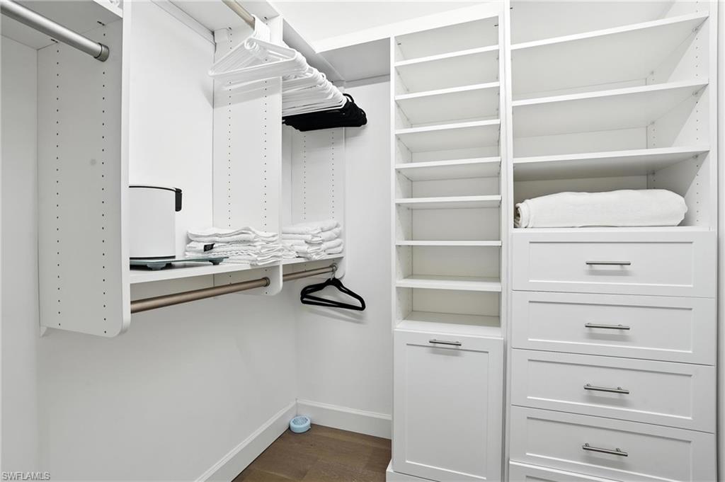 Spacious closet featuring dark wood-style flooring
