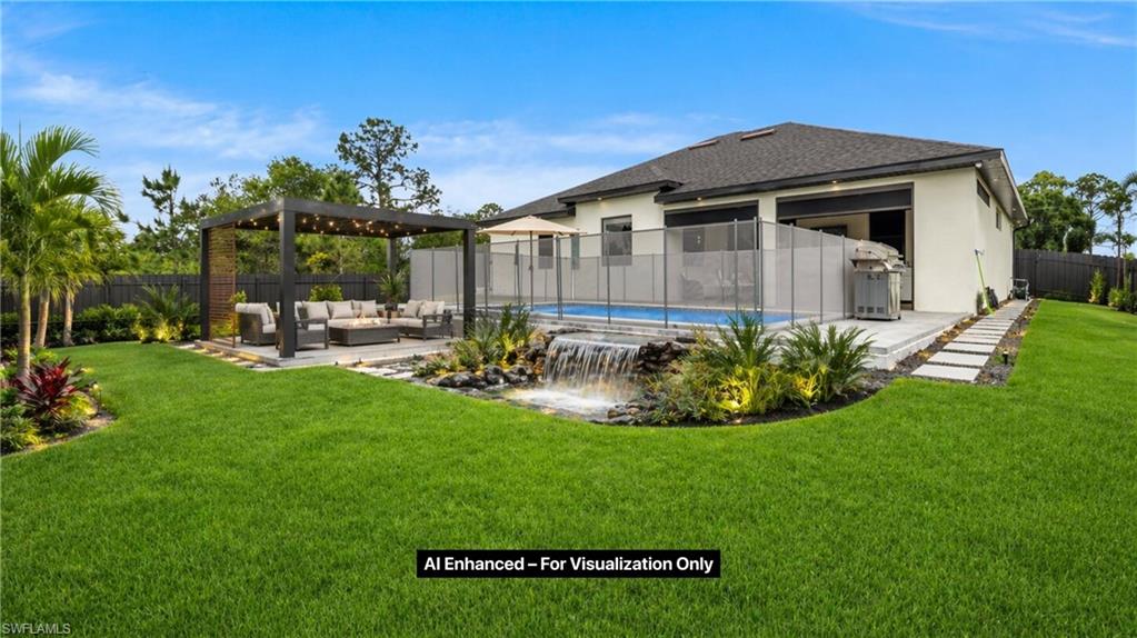 AI Enhanced Expansive backyard featuring a lush lawn, a pool with a cascading waterfall feature, and a detached pergola structure