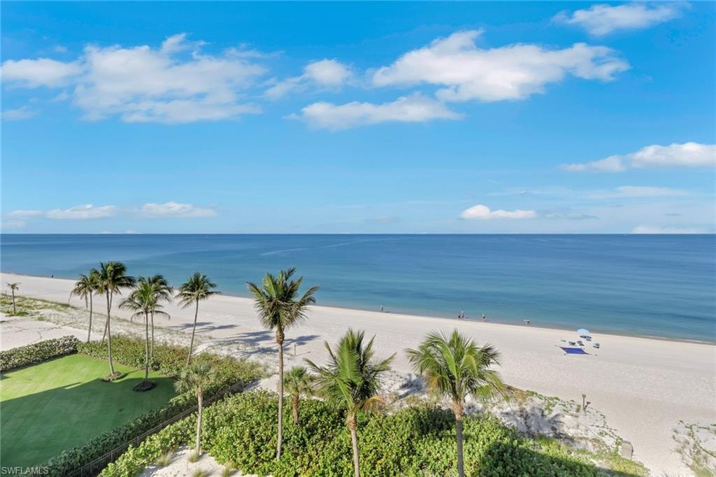 Expansive ocean frontage with a wide sandy beach, calm blue waters, and multiple palm trees