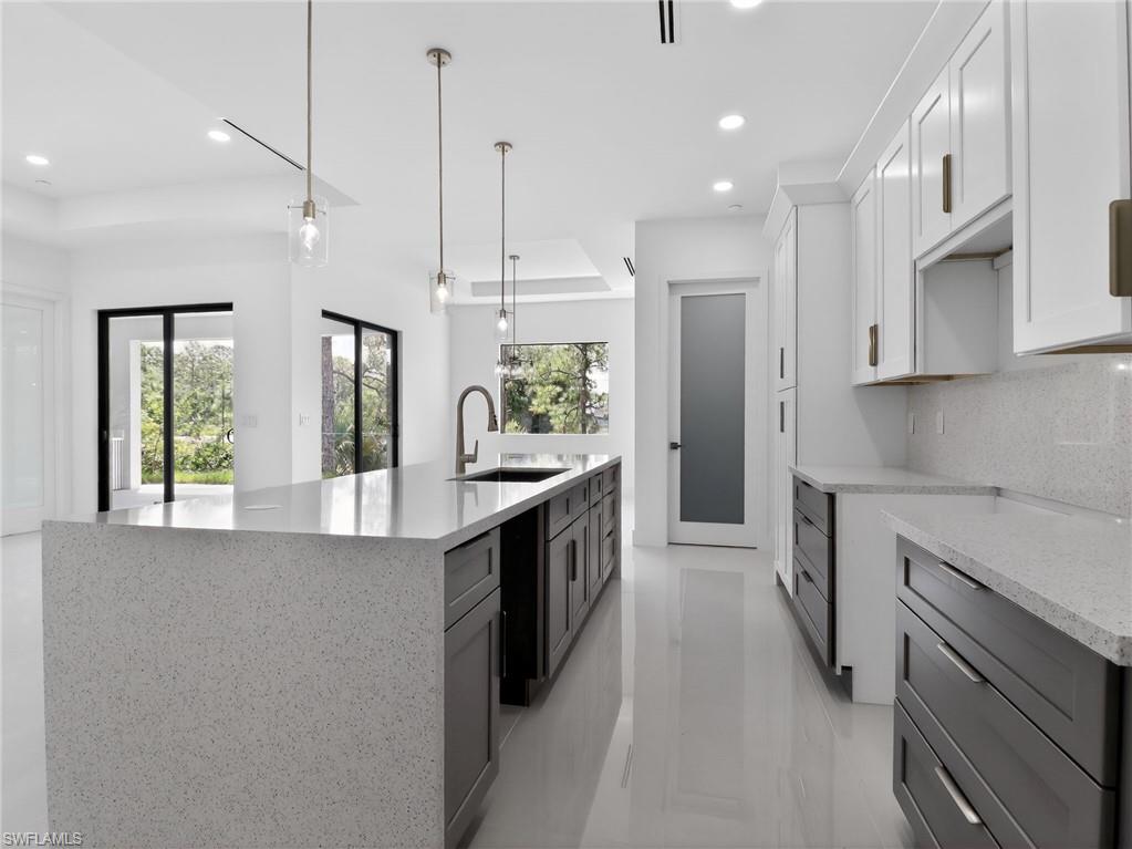 The kitchen features a large island with a light-colored countertop, dark cabinetry, and a sink with a gooseneck faucet
