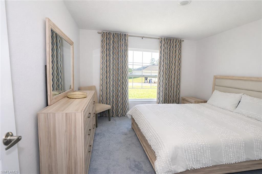 This room features light gray carpeting, a window with curtains, and a ceiling light fixture