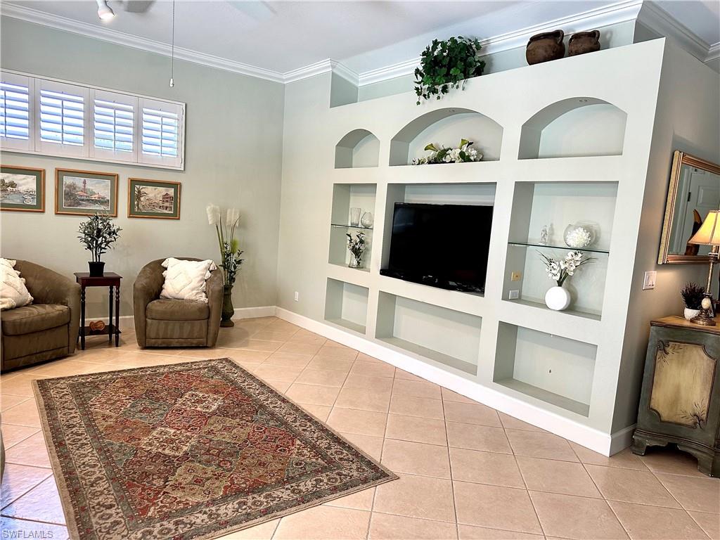 There is a built-in feature wall, in the living room.