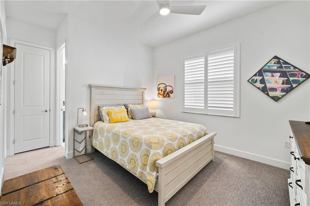 White interior shutters on a window with a ceiling fan