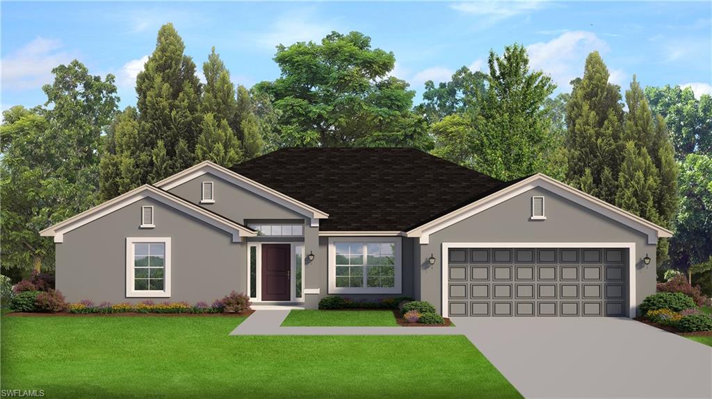 The property features a gray exterior with white trim, a dark roof, and an attached garage