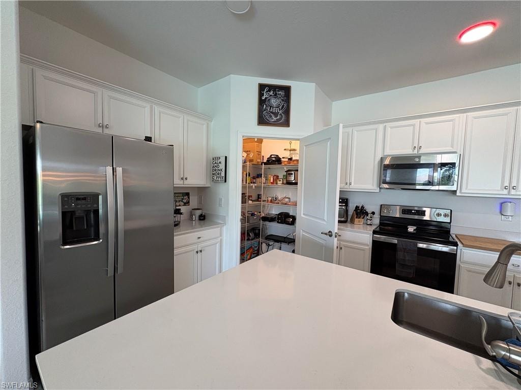 Kitchen featuring white cabinetry, stainless steel appliances, a large center island with a sink, and a walk-in pantry