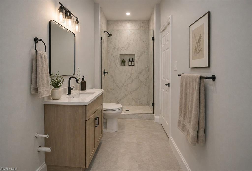 Full bathroom. Image digitally enhanced and virtually altered; actual property condition may differ.