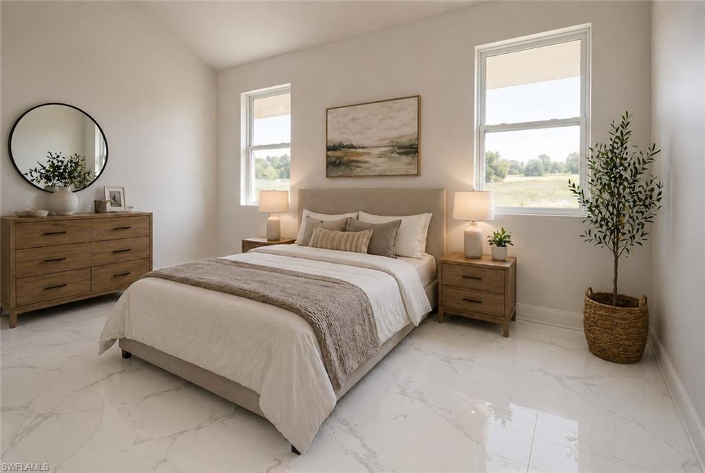Spacious room featuring vaulted ceilings, light-toned walls, and large windows. Image digitally enhanced and virtually altered; actual property condition may differ..