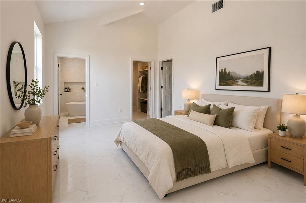 Vaulted ceilings complement the white marble-look flooring. Image digitally enhanced and virtually altered; actual property condition may differ.