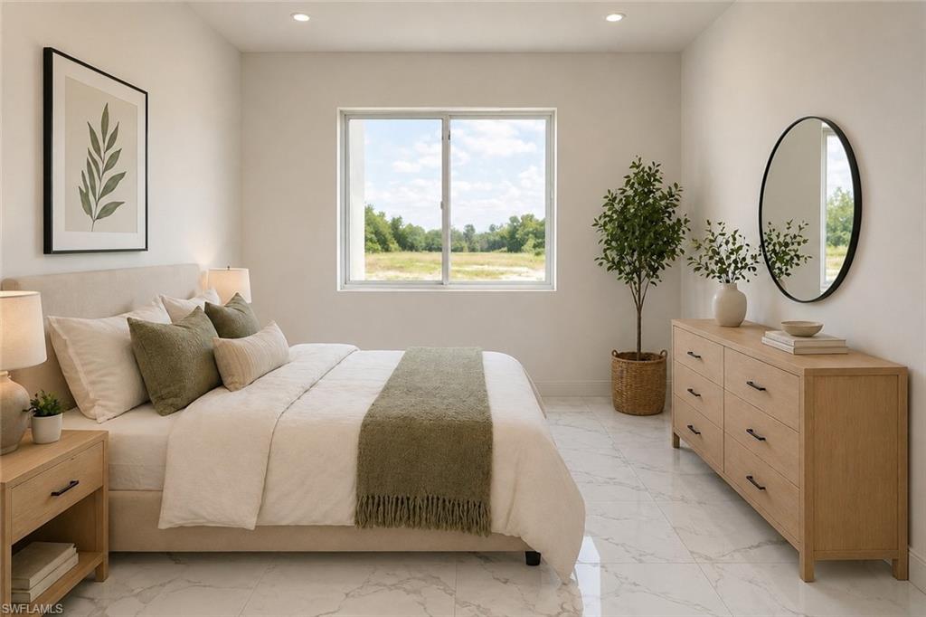 Spacious room featuring white walls, recessed lighting, a large window with white framing, and white marble-look tile flooring. Image digitally enhanced and virtually altered; actual property condition may differ.
