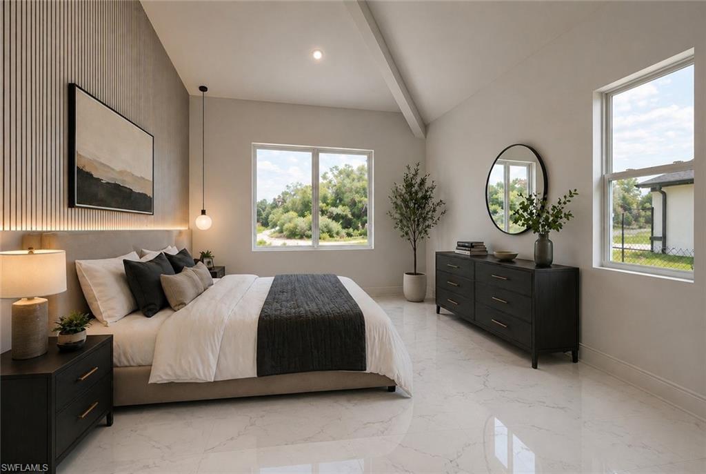 Spacious room featuring vaulted ceilings, large windows, and sleek tile flooring. Image digitally enhanced and virtually altered; actual property condition may differ.