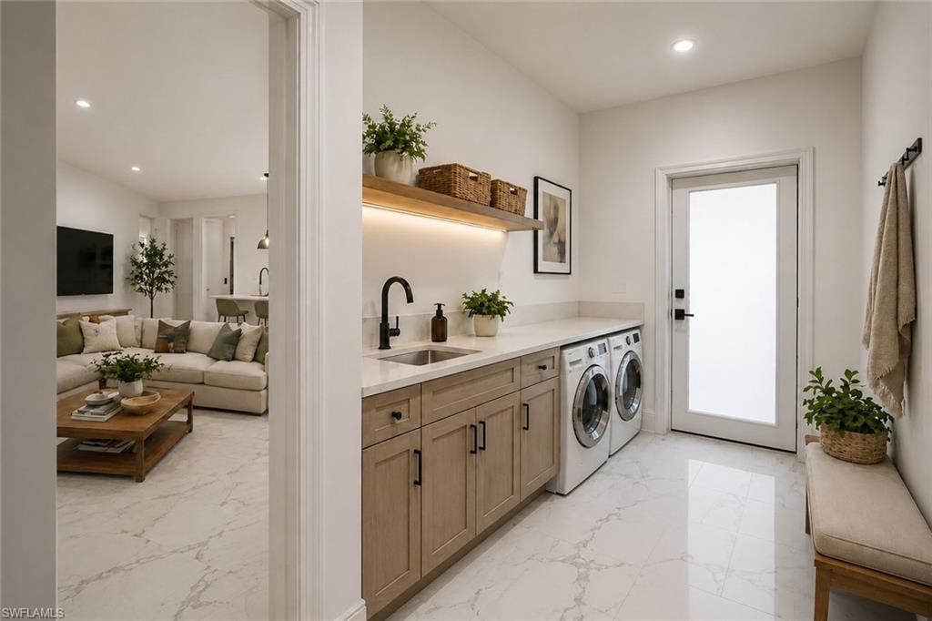 Utility room featuring a built-in sink with a black faucet, light wood-finish cabinetry, under-shelf lighting, and white appliances. Image digitally enhanced and virtually altered; actual property condition may differ.