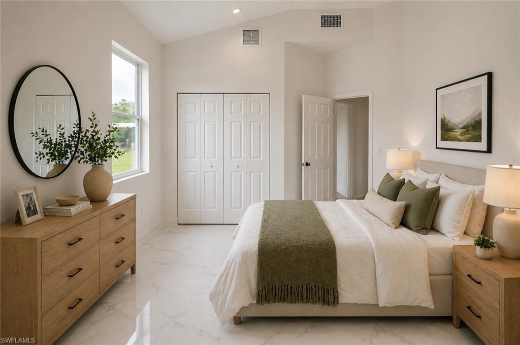 Spacious room with vaulted ceilings and marble-look flooring. Image digitally enhanced and virtually altered; actual property condition may differ.