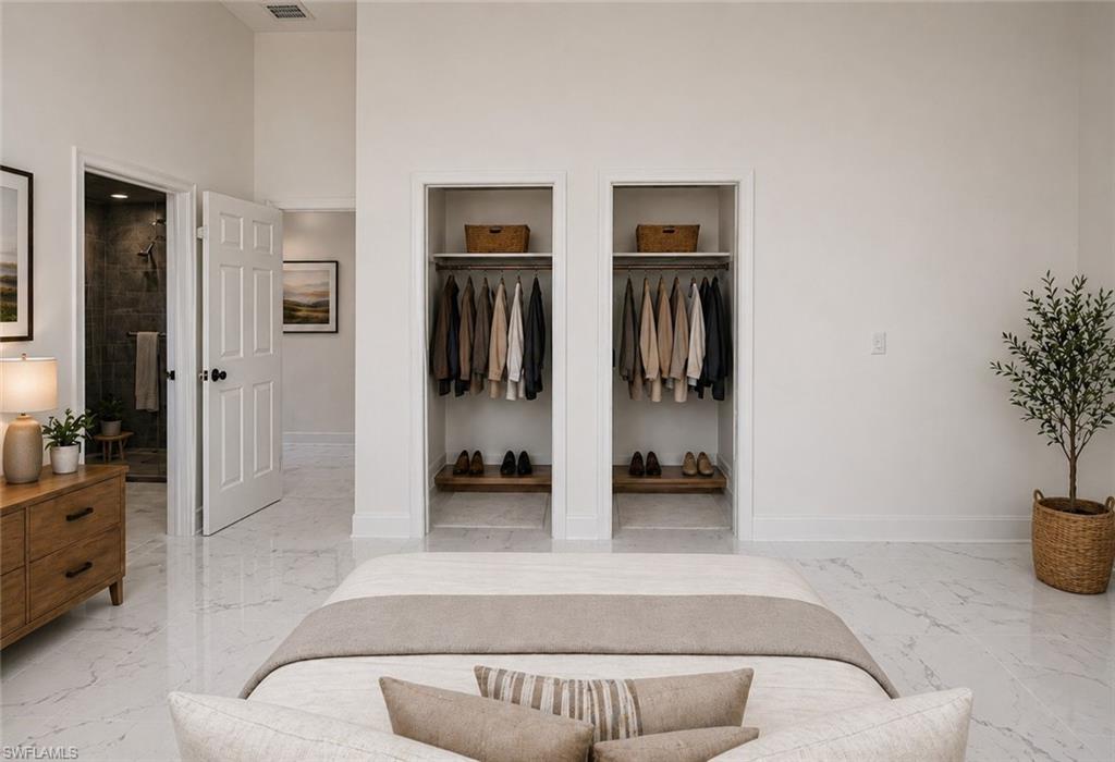 Spacious room featuring high ceilings and polished tile flooring. Image digitally enhanced and virtually altered; actual property condition may differ..